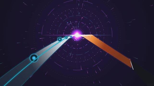 Abstract futuristic neon music rhythm game interface with glowing light beams moving through deep space tunnel.