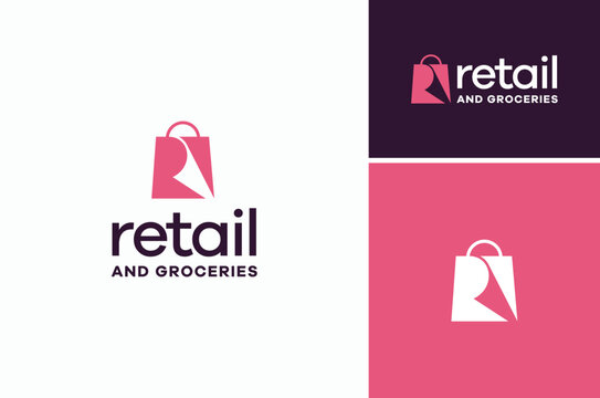 Shopping Bag with Scroll Wallpaper become Initial Letter R for Retail Shop Store Logo Design