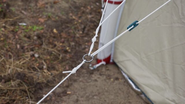 A detailed close-up shot shows a white guyline rope tied with knots and a ring tensioner on a camping tent. The background reveals the pine needle ground of an outdoor campsite.