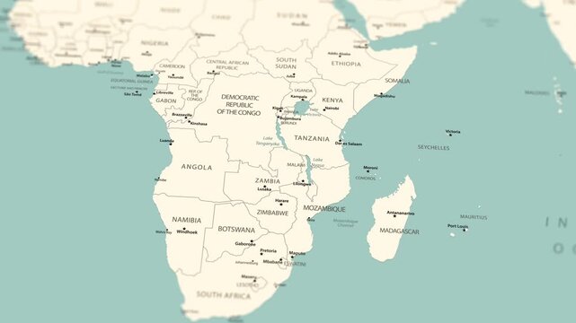 South Africa. Political map of Africa with a smooth zoom toward the southern part of the continent.