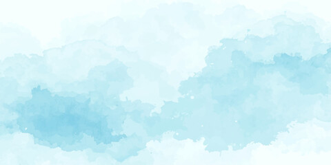 Obraz premium Light blue and white abstract watercolor background with soft cloud wash texture, gentle paint splatter and minimal pastel artistic sky design on paper surface.