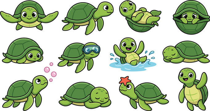 Cute Baby Turtle Character Vector Bundle Featuring Green Sea Tortoises in Different Actions and Poses like Swimming Sleeping Splashing and Hiding in Shell