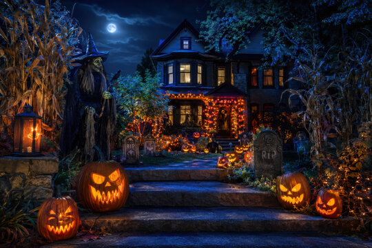 Night view of a house with halloween decoration