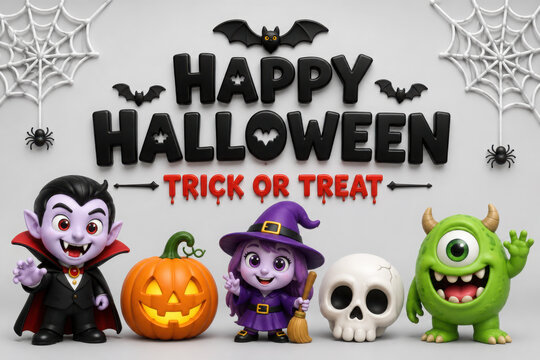 Happy halloween background design. Halloween trick or treat text with scary pumpkin, witch, vampire and skull for  horror party decoration. Vector illustration.