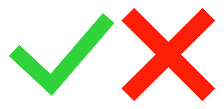 Green check mark and red cross mark icons. Simple approval and cancel signs in vector style.