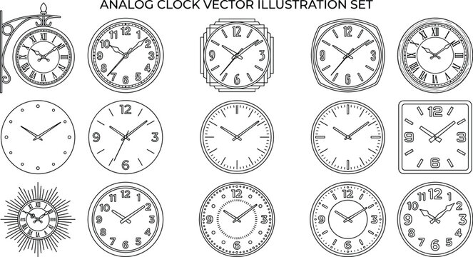 Minimalist Analog Clock Vector Illustration Set Featuring Fifteen Black Line Art Variations of Wall Clocks and Timepieces in a Massive Grid Layout Template