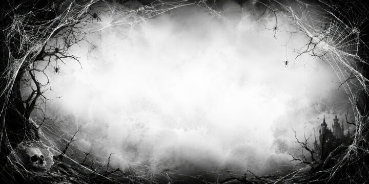 Scary spider webs are framing a foggy background in this halloween themed banner