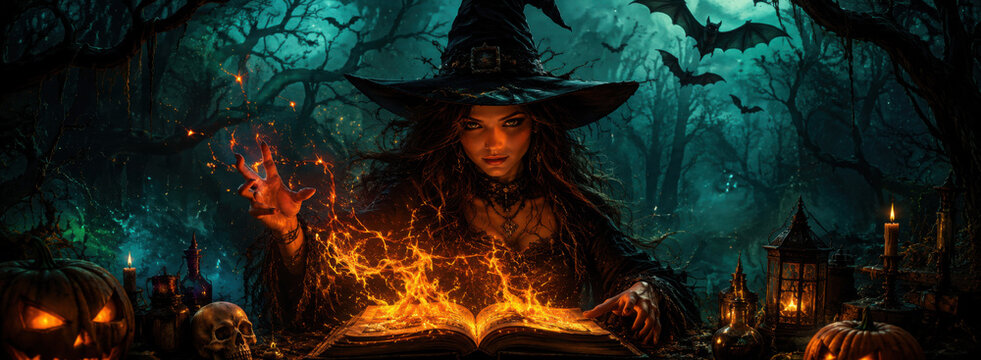 Halloween Witch girl with magic Book of spells portrait. Beautiful young woman in witches hat conjuring, making witchcraft. Over spooky dark magic forest background. Wide Halloween party art design.