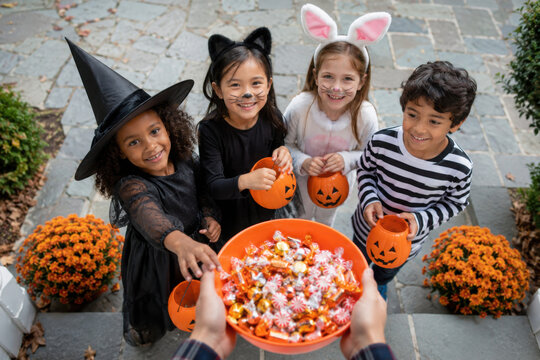 Children in Halloween costumes, trick or treating