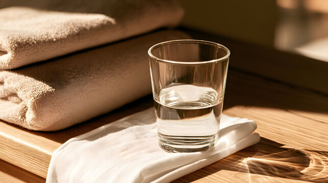 Folded beige towels sit beside a glass of water on a white cloth under warm sunlight on a wooden surface