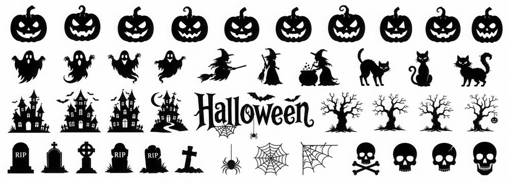 Collection of halloween silhouettes icon and character.