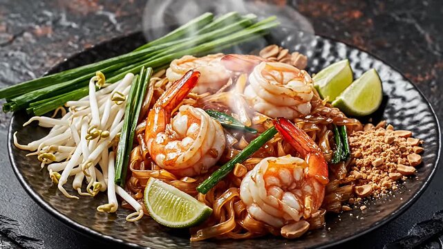 Pad Thai noodles with shrimp and crushed peanuts
