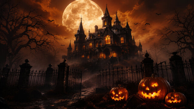 halloween scene horror background with creepy pumpkins of spooky halloween haunted mansion Evil houseat night with full moon, Generative AI.