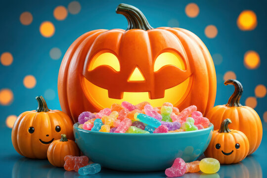 Smiling halloween pumpkin and candies in minimalist style. AI generated