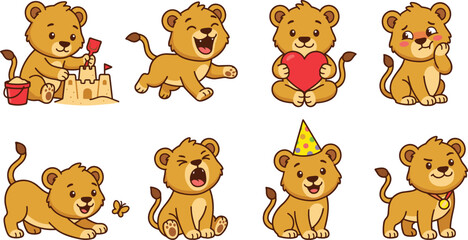 Obraz premium Playful Little Lion Cub Cartoon Character Sticker Sheet with Multiple Expressions Birthday Party Hat Beach Sandcastle and Heart Elements