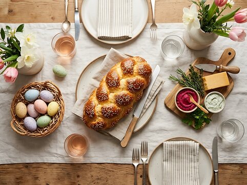 Easter brunch table setting with braided bread painted eggs and tulips image photo