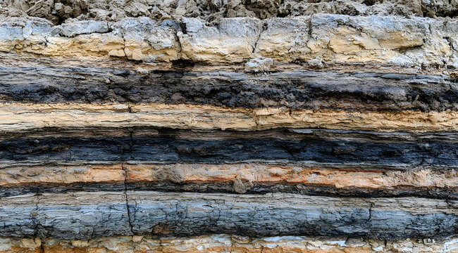 Close-up view of geological layers displaying various soil types