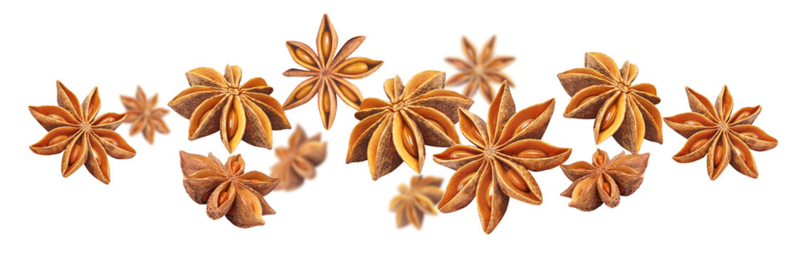 Aromatic star anise spice flying in dynamic composition, isolated on transparent cutout background
