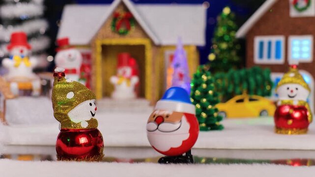 Against the backdrop of a small Christmas town, an unusual Santa Claus comes running to a snowman
