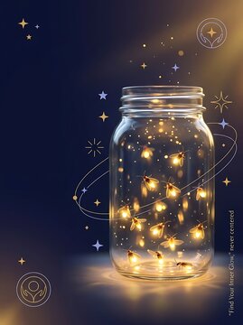 Fireflies glowing inside a glass jar against a dark blue background with golden light rays