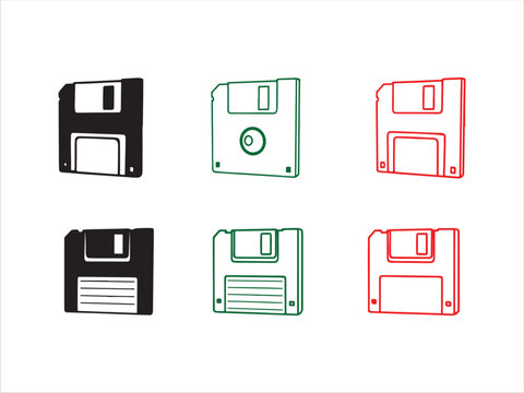 Collection of floppy disk icons in different colors and styles for computing and technology
