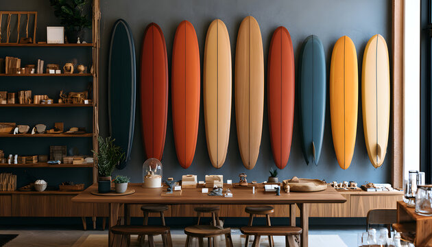 The contemporary surf shop decor includes wooden shelves and furniture with natural accents. Multicolored surfboards hang on the grey wall for display. The spacious showroom offers coastal-inspired eq