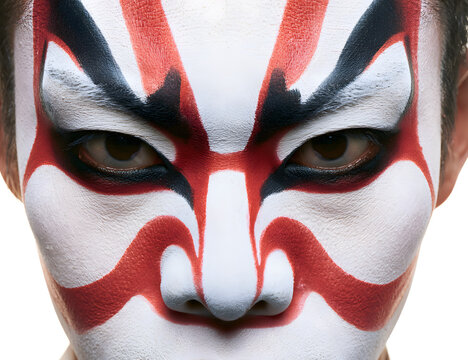 a close-up shot of a man wearing traditional Kabuki Kumadori makeup with a white background