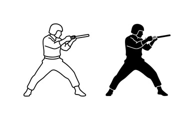 Obraz premium Soldier Silhouette, Military Figure, Combat Pose, Vector Icon Set, Black and White