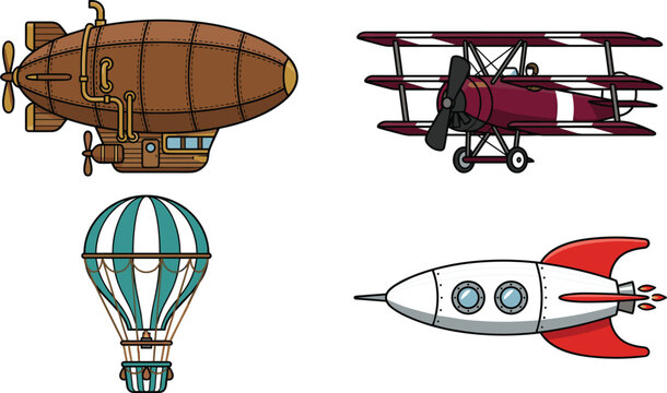 Retro and Vintage Air Transport Vector Set with Steampunk Dirigible Blimp Triplane Aircraft Hot Air Balloon and Classic Rocket Ship
