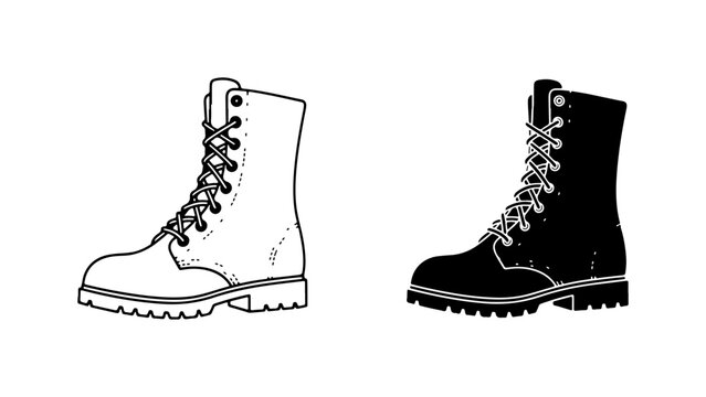 Black and White Combat Boots, Military Footwear Vector Icons, Rugged Leather Work Shoes