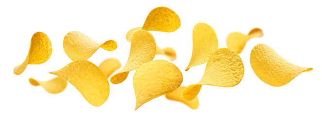 Crispy potato chips floating in air, isolated on transparent cutout background