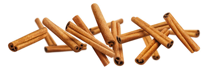 Obraz premium Natural rolled cinnamon spice scattered in weightless motion, isolated on transparent cutout background