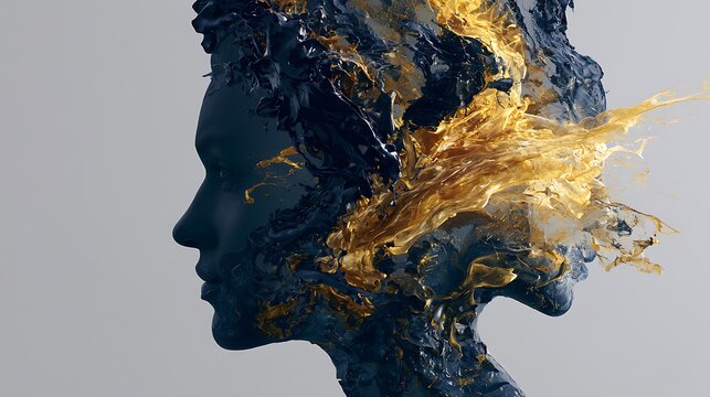 Prompt: A striking double exposure fine-art portrait. A crisp black silhouette profile of a three-headed chimera is filled with a minimalist surreal dreamscape of a high-speed splash of glossy 