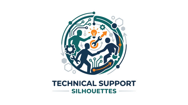 A technical support logo showcases three head silhouettes wearing headsets, with gears and an upward arrow, representing 'TECHNICAL SUPPORT SILHOUETTES' and team expertise.