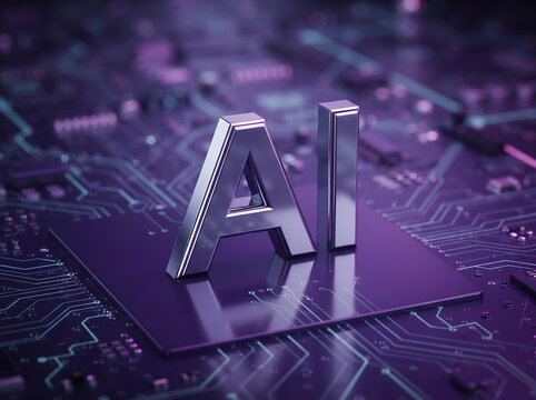 Futuristic 3D render of metallic AI text on digital circuit board with neon glow, microchip circuit board background with purple lighting