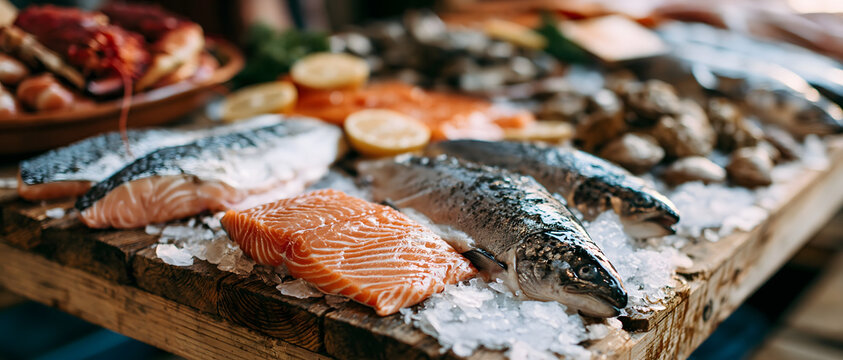 Fresh salmon fillets and seafood assortment on crushed ice culinary presentation atlantic fish display salmonidae oceanic catch arts gastronomy food photography platter shellfish