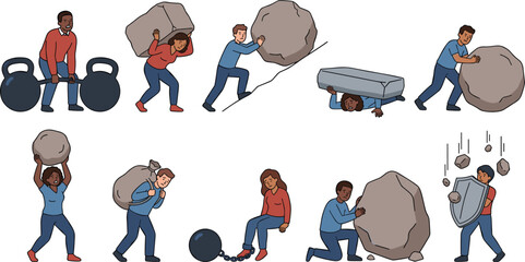 Overcoming Challenges and Lifelong Hardship Vector Concept Set with Diverse People Lifting Boulders Pushing Stones and Protecting Against Falling Rocks © Fahim