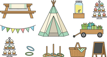 Outdoor Backyard Birthday Party and Picnic Vector Icon Set with Teepee Tent Picnic Table Cupcakes Gifts Wagon Ring Toss Game and Basket © MstRakha