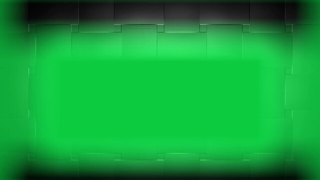 Abstract green screen frame motion background with futuristic dark metallic borders and glowing neon light for video editing, overlay keying, chroma key, and digital graphics presentation.
