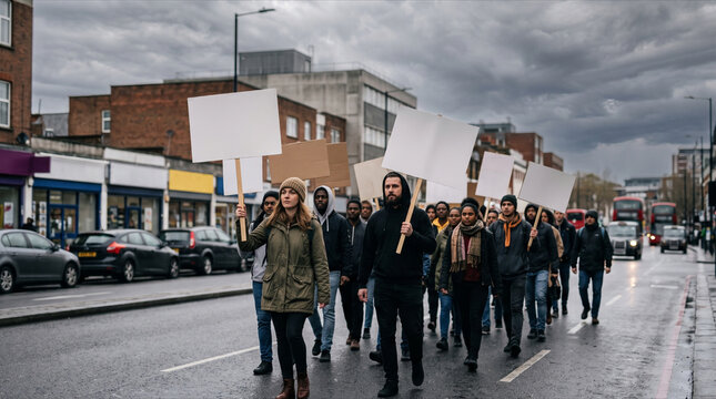 Diverse group of people protesting on city street. Activists marching with blank placards.