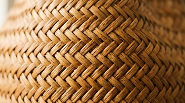 Close up view of a woven wicker basket texture with natural brown fibers and intricate braided pattern