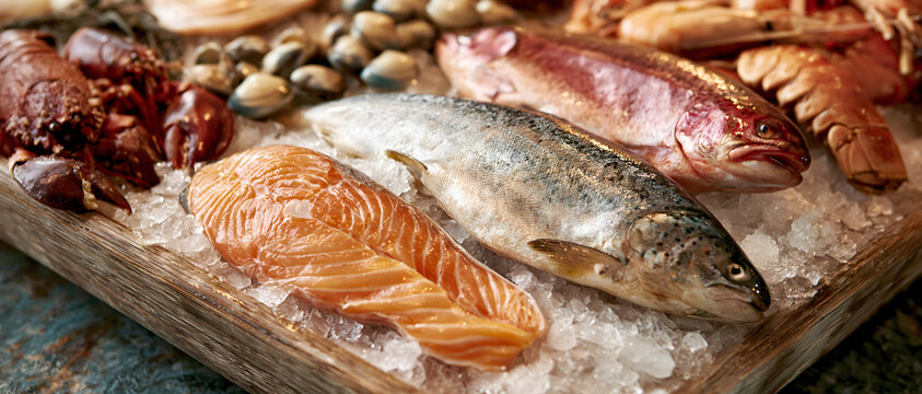 Assortment of seafood including salmon trout crab and shellfish on crushed ice atlantic chinook sockeye rainbow brown dungeness stone clams mussels lobster fish