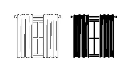 Obraz premium Window Drapes Vector Icons, Curtain Set, Interior Design Elements, Black and White Graphics