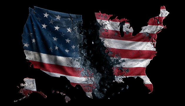 An American flag split in half to represent a national crisis and political fragmentation. This conceptual 3D rendering depicts a divided country.