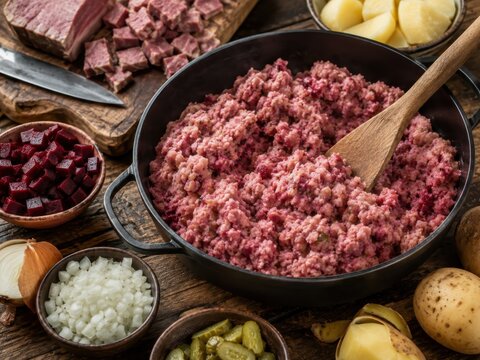 Labskaus in der Zubereitung mit Corned Beef, Roter Bete, Kartoffeln, Zwiebeln und Gew&uuml;rzgurken. Rustikale Foodaufnahme eines norddeutschen Klassikers in authentischer K&uuml;chenumgebung.