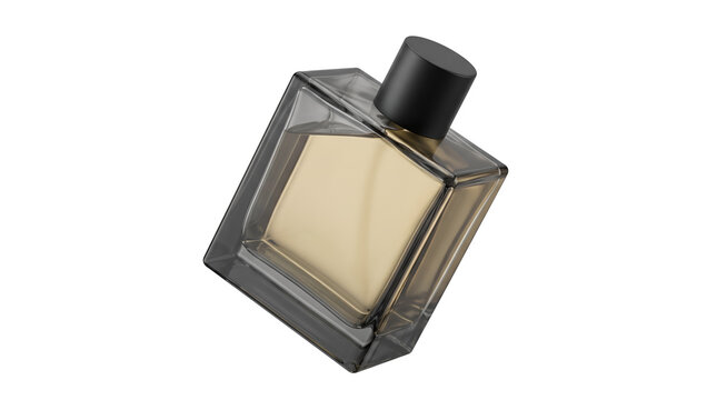 Square glass perfume bottle with golden liquid and black cap
