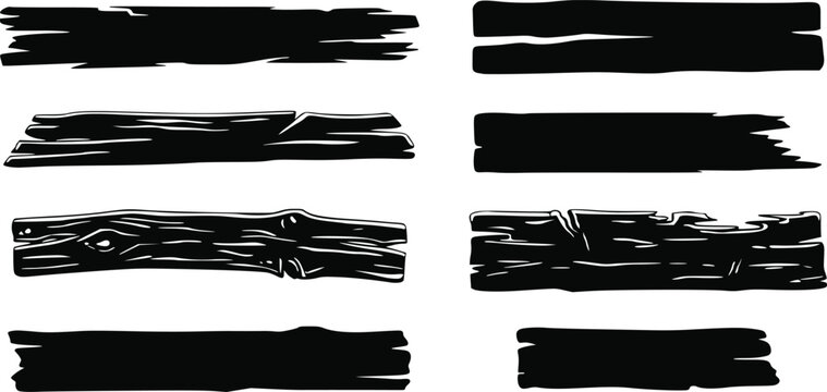 Set of black wooden plank silhouettes isolated on a white background for rustic design elements isolated on white background