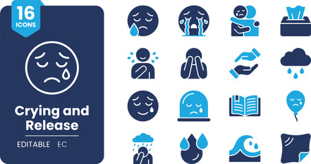Fototapeta premium Set of vector icons depicting various stages of crying, emotional release, sadness, comfort, and healing in a modern two-tone style