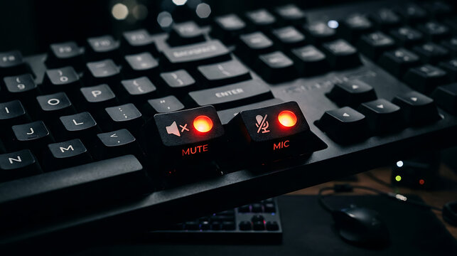Close-up of Computer Keyboard with Glowing Red Mute and Microphone Off Indicator Lights for Privacy and Online Meeting Control