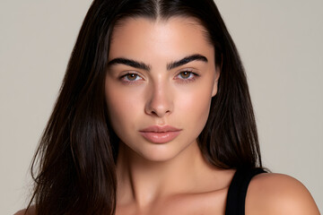 Naklejka premium A young lady with dark locks and subtle makeup is having a photograph taken against a neutral, unremarkable setting.